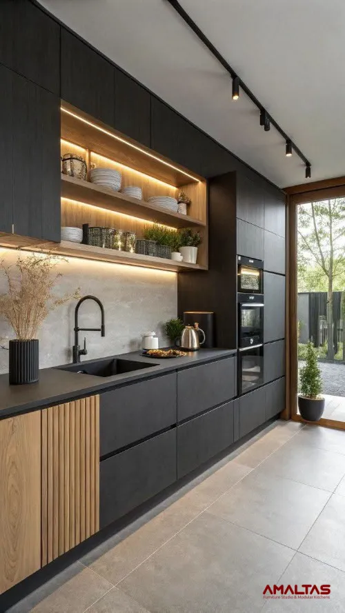 Grey and Wooden Combination Kitchen