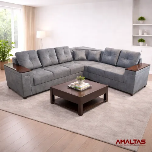 Amaltas L Shaped Sofa with Wooden Handles