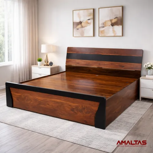 Amaltas Engineered Wood King size Bed with Box Storage and Leg Side Trolly