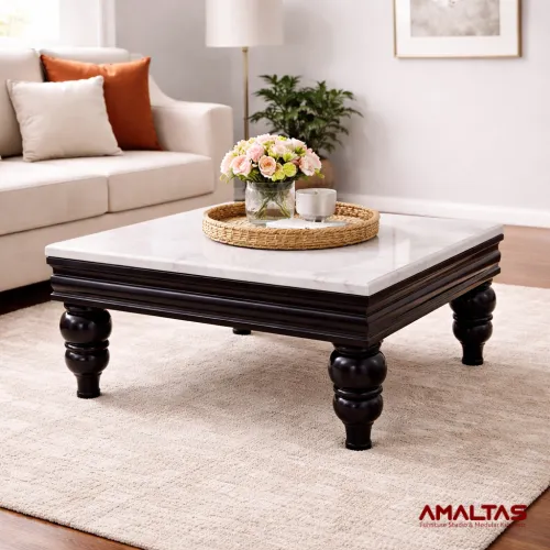 Amaltas Teak Wood Center Table with Onyx Top - Tables & Office