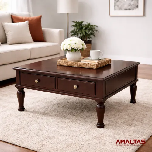 Amaltas Teak Wood Center Table with 4 Drawers - Tables & Office