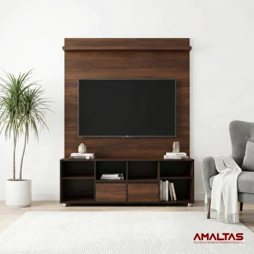 Amaltas Wooden TV Unit with Open Shelf and Drawers - Wardrobes