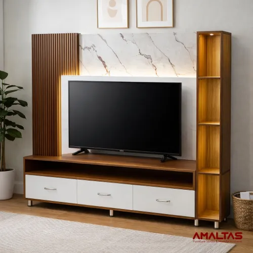 Amaltas TV Unit with Lowers Design, Back Light and Open Rack - Wardrobes