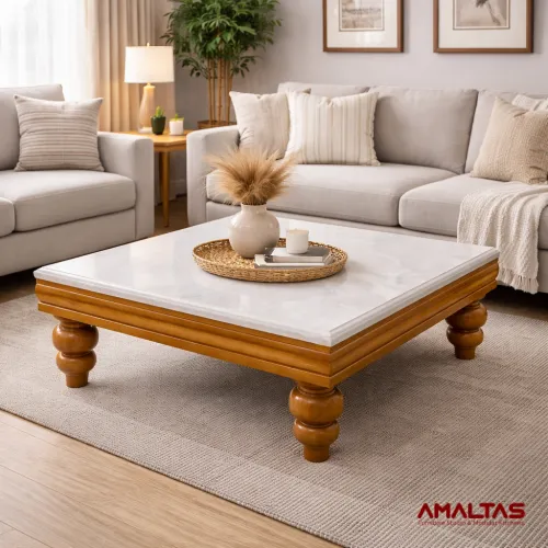 Amaltas Solid Wood Center Table with White Onyx Top - Tables & Office