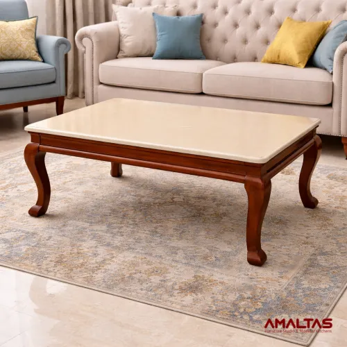 Amaltas Center Table in Teak wood with Onyx Top - Tables & Office