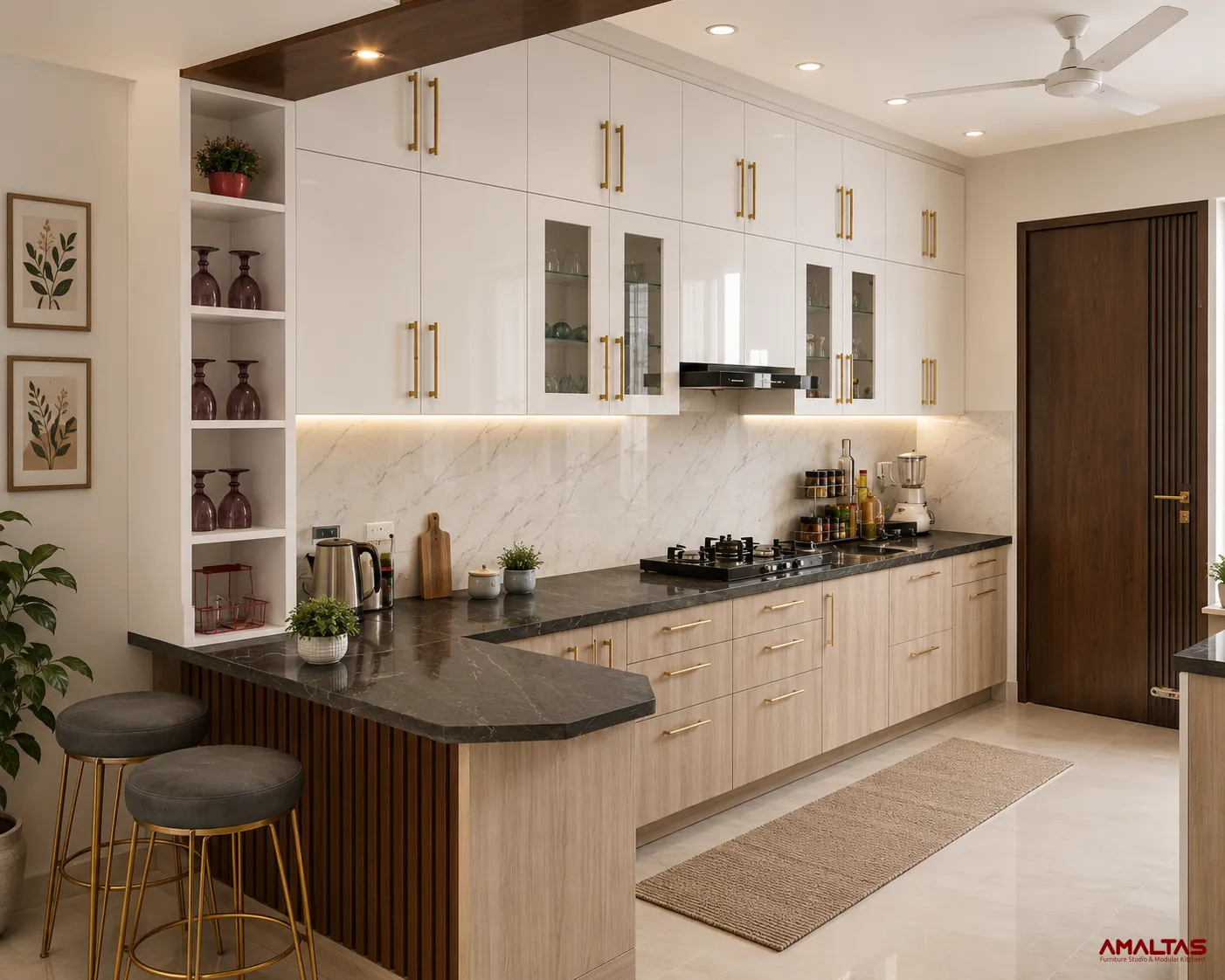 Amaltas H Shaped Kitchen with Upper Kitchen Cabinets - Kitchens