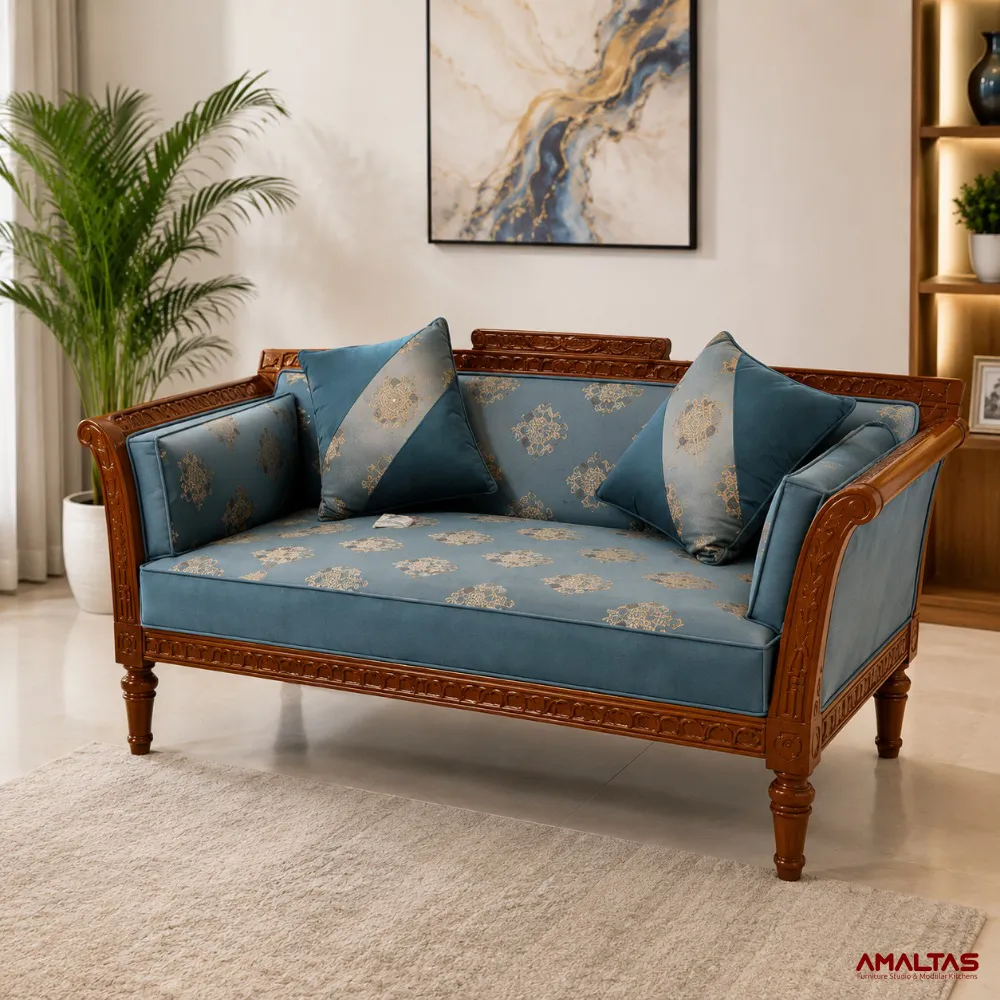 Amaltas Teak Wood Low Back Carving Sofa - Sofas