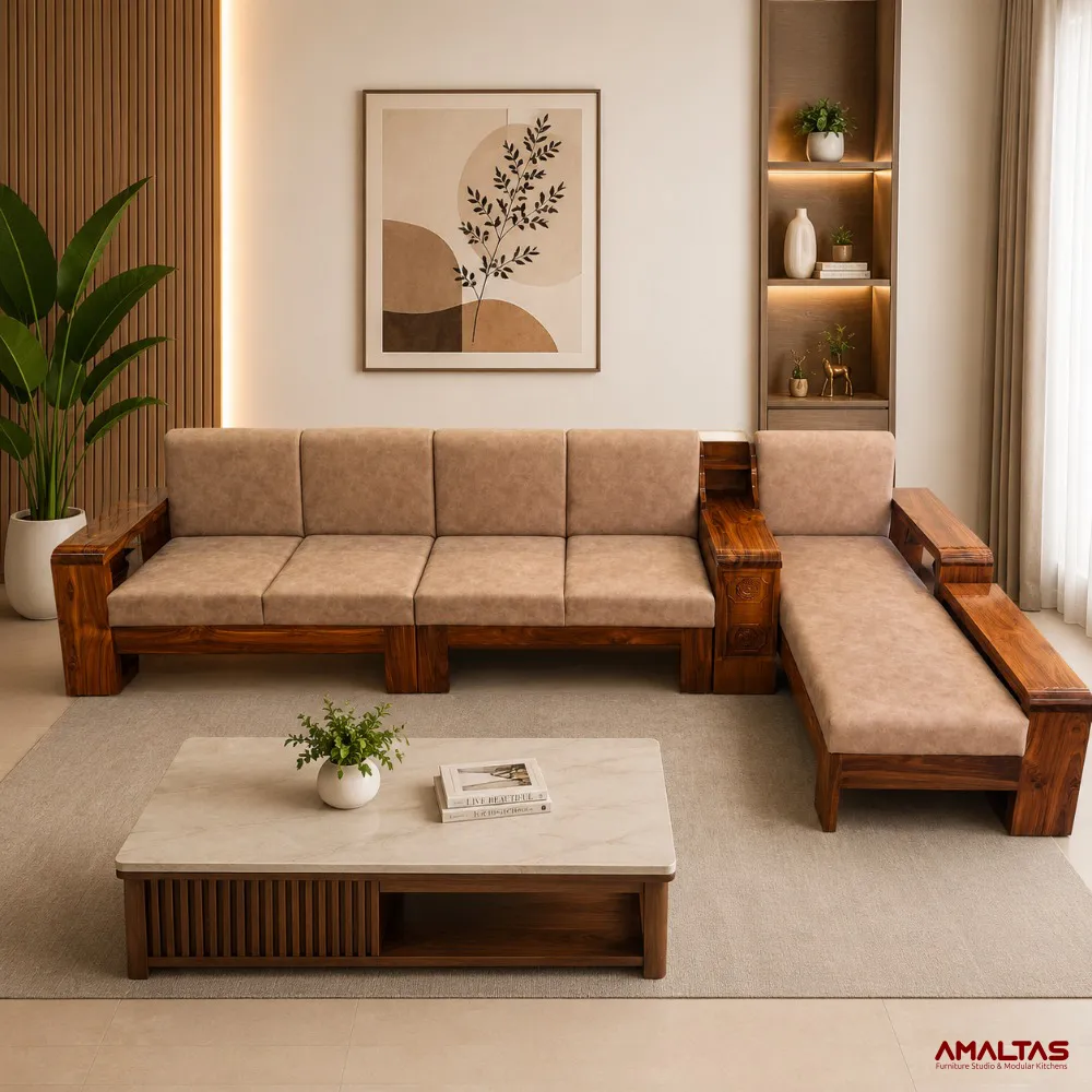 Amaltas Europa L Shaped Sofa in Uttrakhand Teak Wood - Sofas